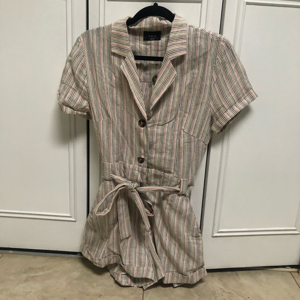 Vici Striped Button-Down Jumpsuit